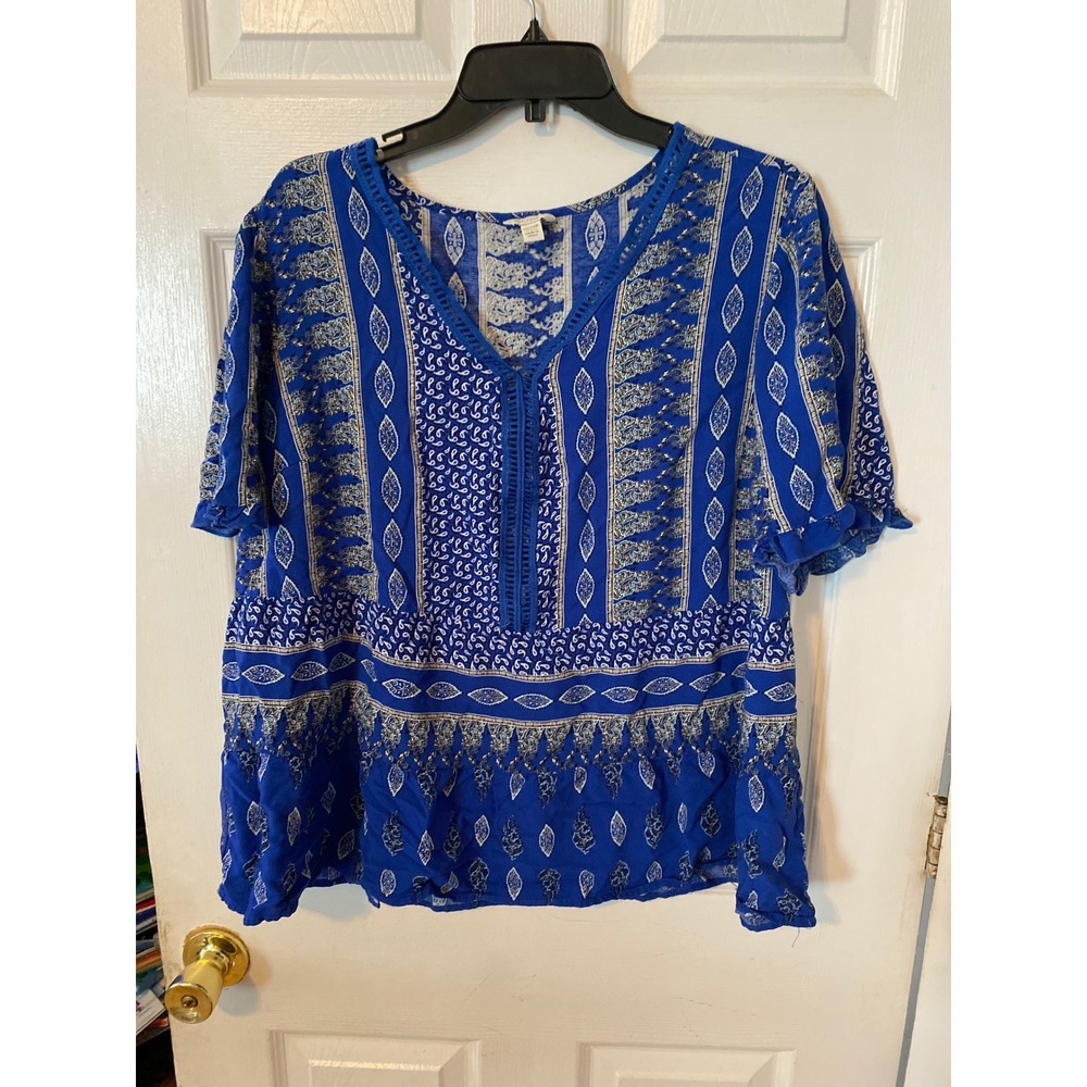 Est. 1946 Royal Blue Paisley Boho Babydoll Blouse Crochet Lace Plus Size 22/24W